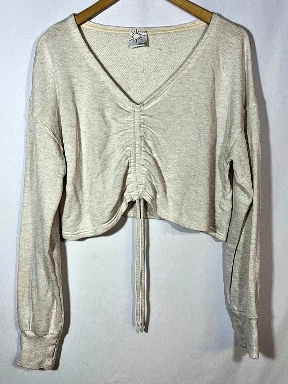 Offline By Aerie Lightweight Sweatshirt Cinch Front Long Sleeve V-neck Beige M